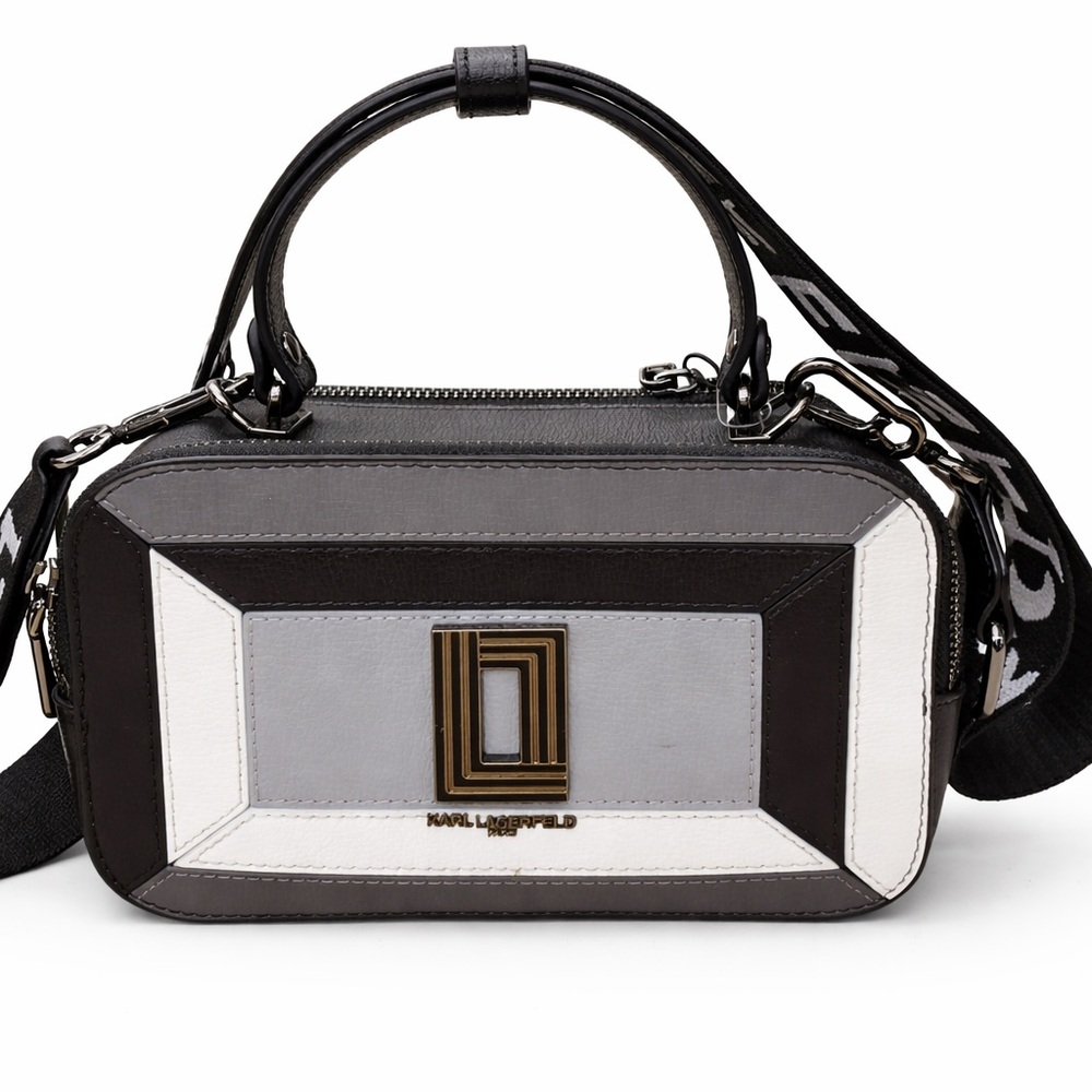 Karl Lagerfeld Black, Gray & White Geometric Leather Camera Crossbody
